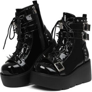 Women Polyurethane Black Round Toe Buckle Leather Platform Side Zip Ankle Boot